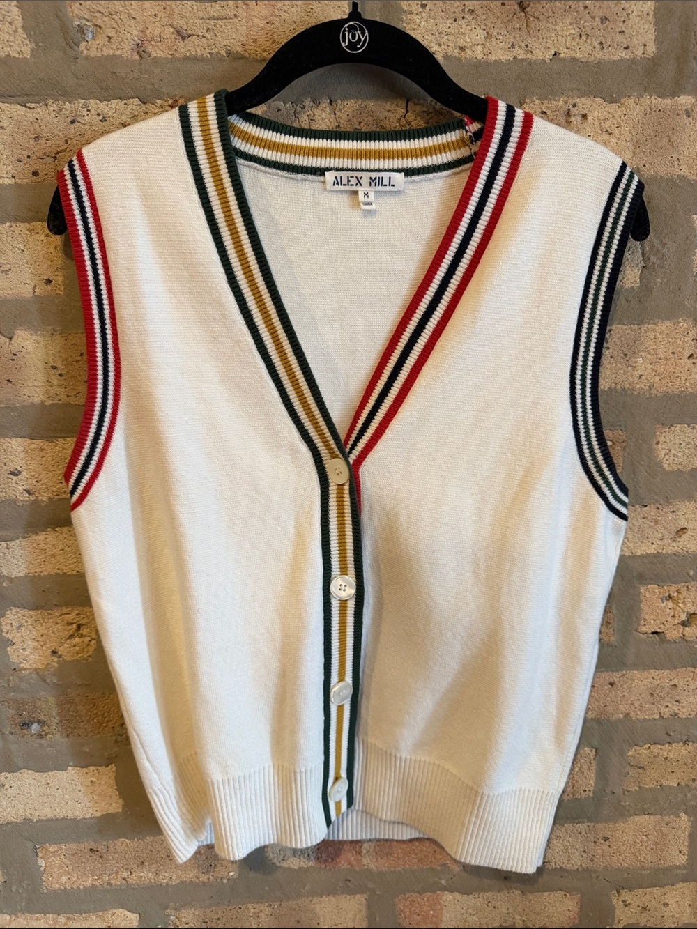 Alex Mill Cream Knit Cardigan Vest with Red, Green & Navy Trim